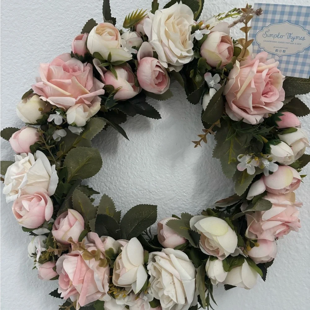 English Garden Cottage Wreath Farmhouse Roses Small Adorable Pink Wt Final Sale